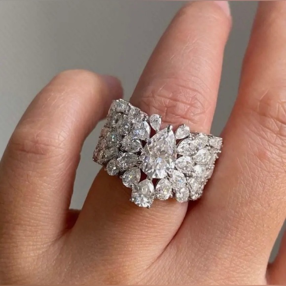 925 Silver Diamond Zirconia Cluster Cocktail Ring - Picture 1 of 7